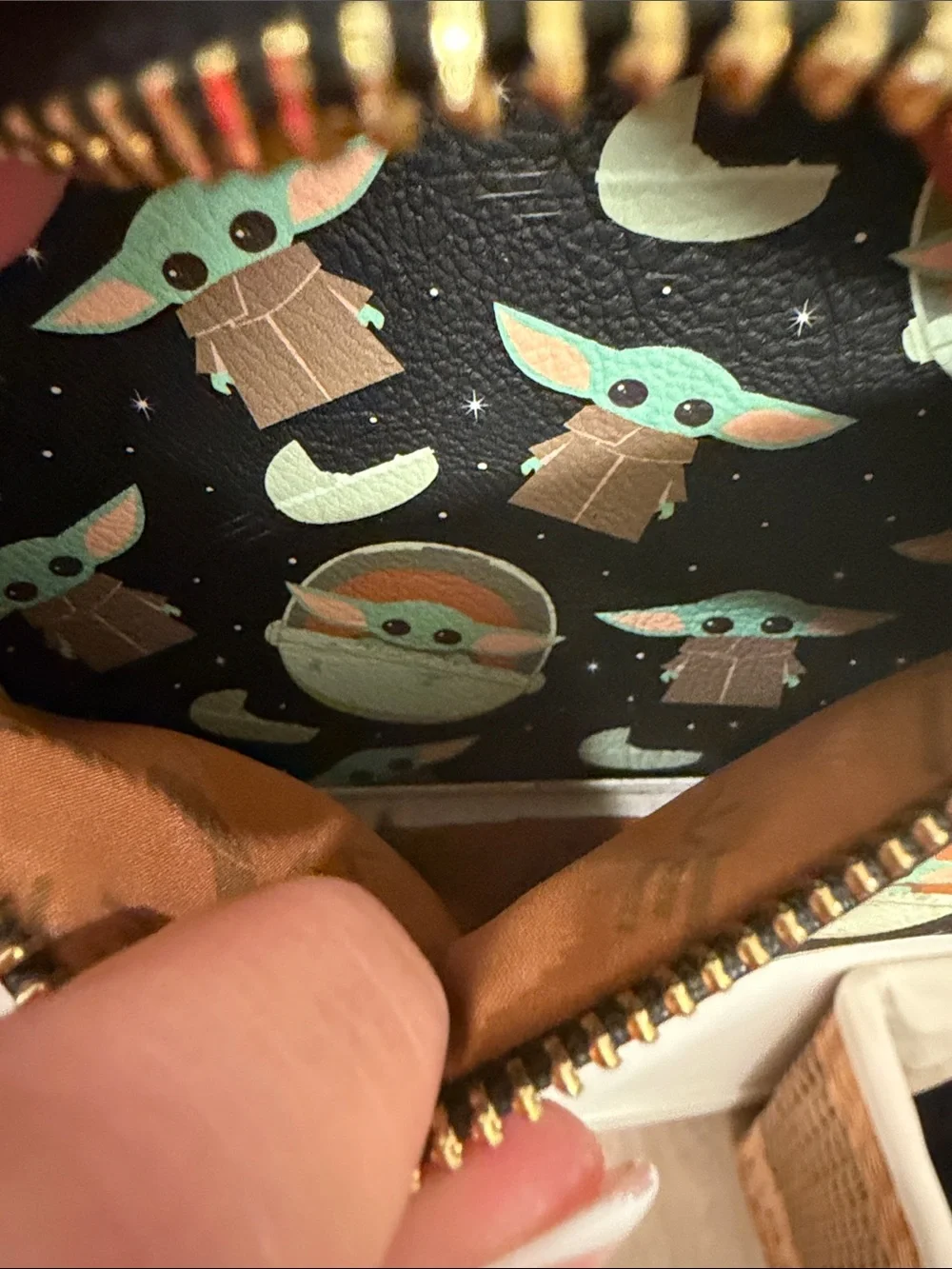 Loungefly Black Baby Yoda Pattern Mini Backpack with Green and Brown Accents